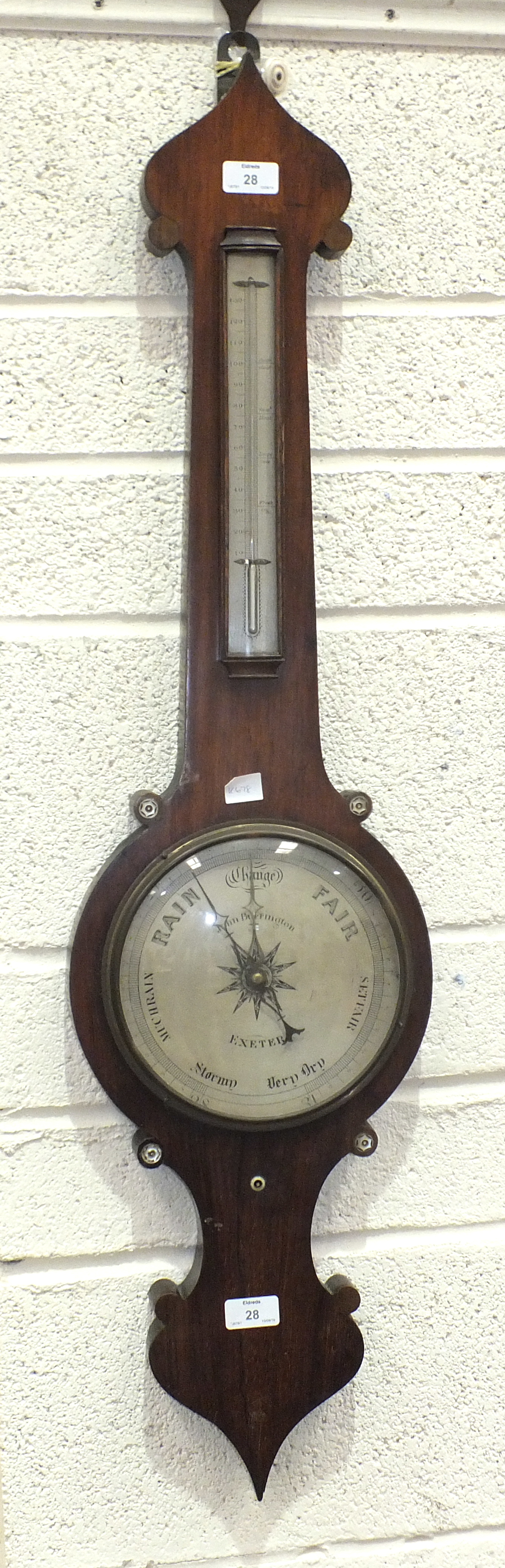 John Burrington, a mahogany banjo-style thermometer/barometer, 101cm.