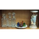 Four Wedgwood glass paperweights: Duck, Squirrel, Elephant and Bird, three cut-glass decanters by