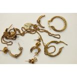 A quantity of 9ct gold chains, earrings, etc, 10.1g.