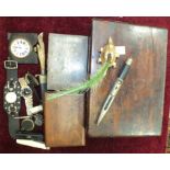 A silver toothpick, three gent's wrist watches, wooden boxes and other items.