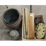 A cricket bat, stumps, a leather coal bucket and other items.