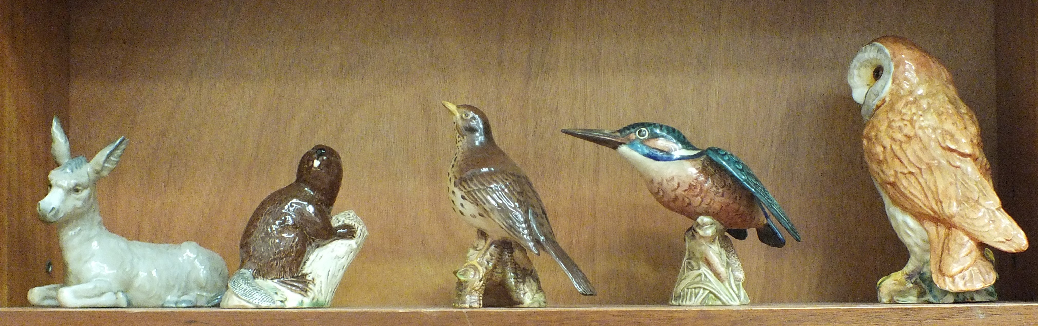 A Beswick model of a Thrush 2308, Beaver 2195, Kingfisher 2371, Barn Owl 1046 and a Nao model of a