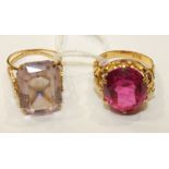 A Chinese gold ring set large red synthetic stone, size M½ and another ring set pink paste, size K½,