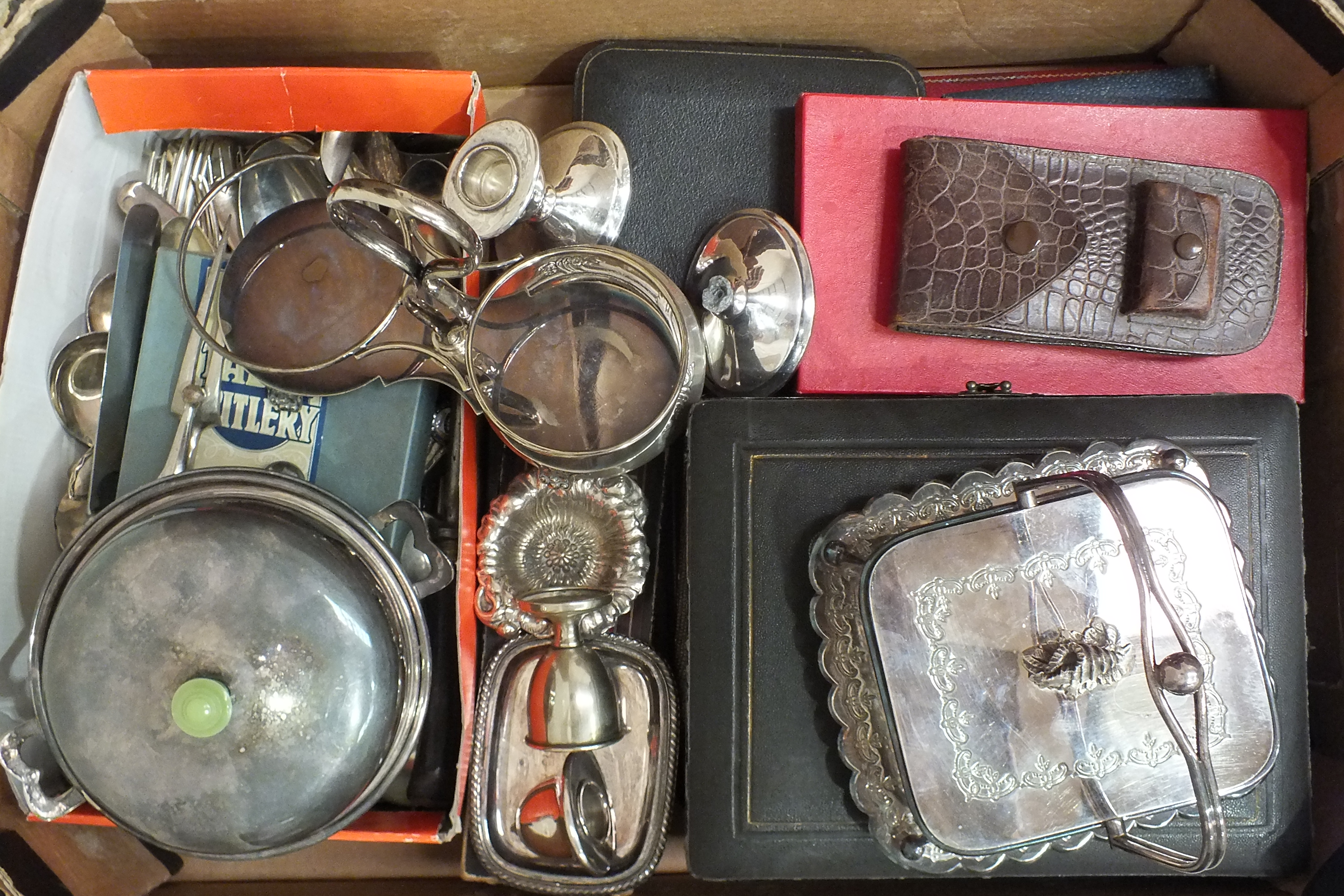 A Walker & Hall silver-plated butter dish, the cut-glass liner and lid with shell finial, various