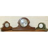 An inlaid mahogany mantel clock with French drum movement, 19.5cm and two others, (3).