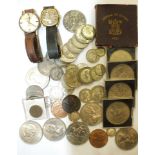 Two gent's wrist watches, a quantity of 'silver' and other coinage, mainly UK, including