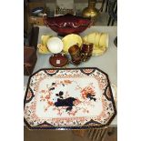 A Crown Derby rectangular tray in the 'Victoria' pattern, 48 x 33cm, (chips to base rim), a Royal