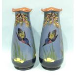 A pair of Longpark Torquay Pottery baluster vases decorated with diving kingfishers, 31cm high and a