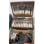 A canteen of plated cutlery, twelve place settings, in fitted case and other plated and metal ware.