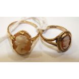 Two 9ct gold rings set shell cameos, sizes F and N, 4g, (2).