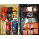 A collection of unboxed 1/18th scale model cars, including 1969 Dodge "Dukes of Hazard", "Fast &