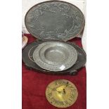 An Arts & Crafts-style oval pewter-covered tray decorated with fish and weed, 40 x 27cm and other
