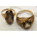 Two 9ct gold rings set smoky quartz, sizes M and R, 7.5g, (2).