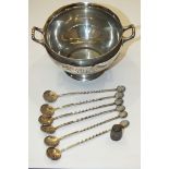 A two-handled silver sugar bowl, London 1909, a set of six spoons with Australian 6d bowls and a