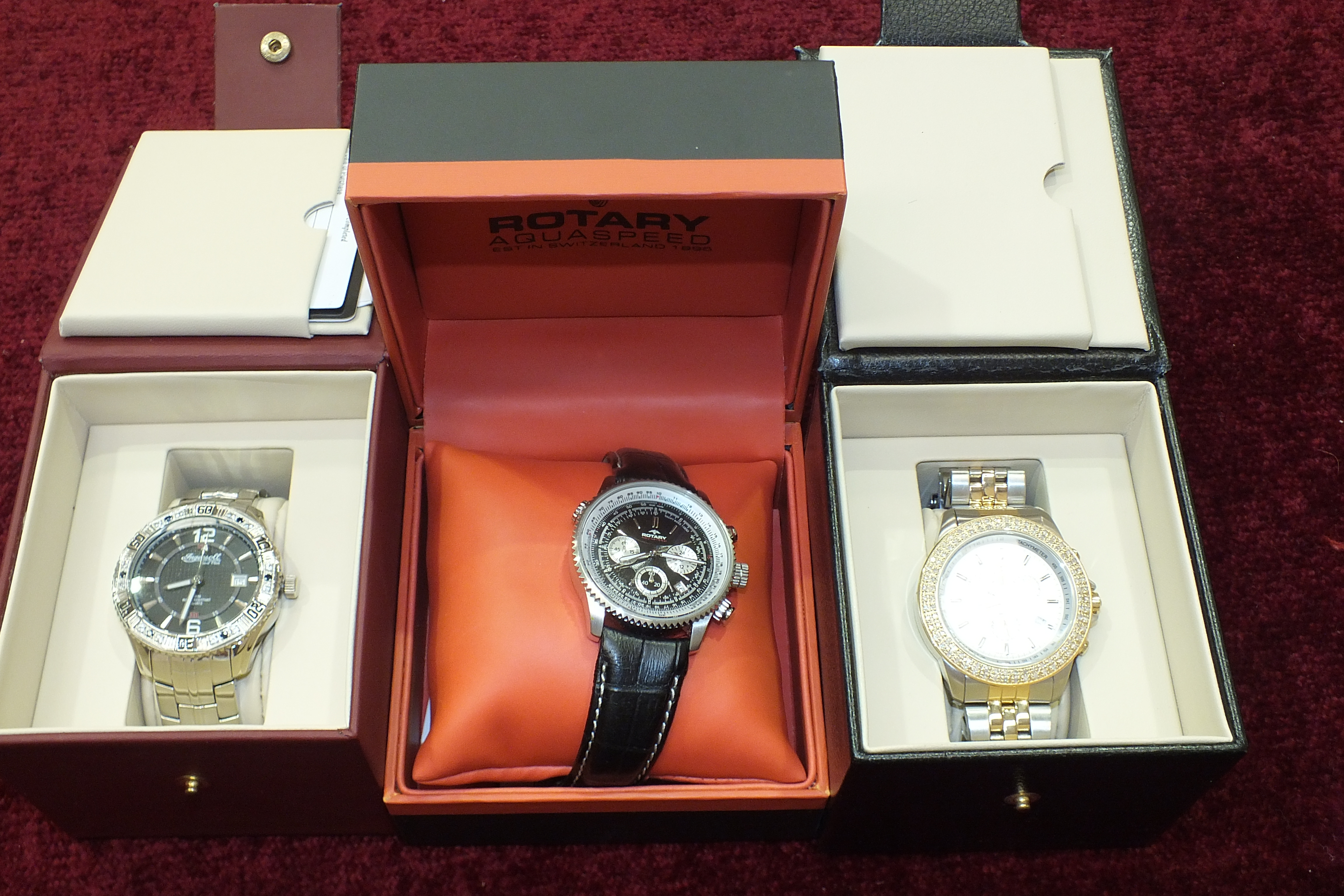 Three gent's boxed wrist watches: Ingersoll Gems Pilot, Ingersoll Diamond Ltd Edn and Rotary