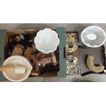 A pestle and mortar, two ceramic jelly moulds, a terracotta model of an otter, (a/f) and other