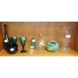 A cut-glass celery vase, 23cm high, a Murano-style glass dump, 10cm high, a pair of Bristol green