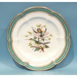 Six Copeland dessert plates painted with humming birds, within a green and gilt border, 24cm