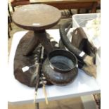 A tribal carved wood stool, two small spears, a shield, a pair of antelope horns, etc.