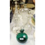 A Bristol green glass flask with white glass handle and later stopper, 23cm high, a cut-glass jug