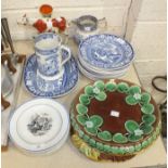 Ten 19th century 'Wild Rose' blue and white decorated plates, 24cm diameter, a similar rectangular