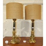 A pair of brass table lamps with reeded and turned columns, on circular bases, 51cm high, (2).