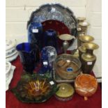 A collection of coloured and clear glassware, including vases, jugs, bowls, a pair of plated