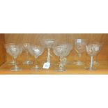 A Victorian Champagne saucer with white twist stem and other Victorian and later engraved glasses.