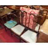 A set of four stained wood bedroom chairs, a corner chair, an upholstered stool, a small drop-leaf