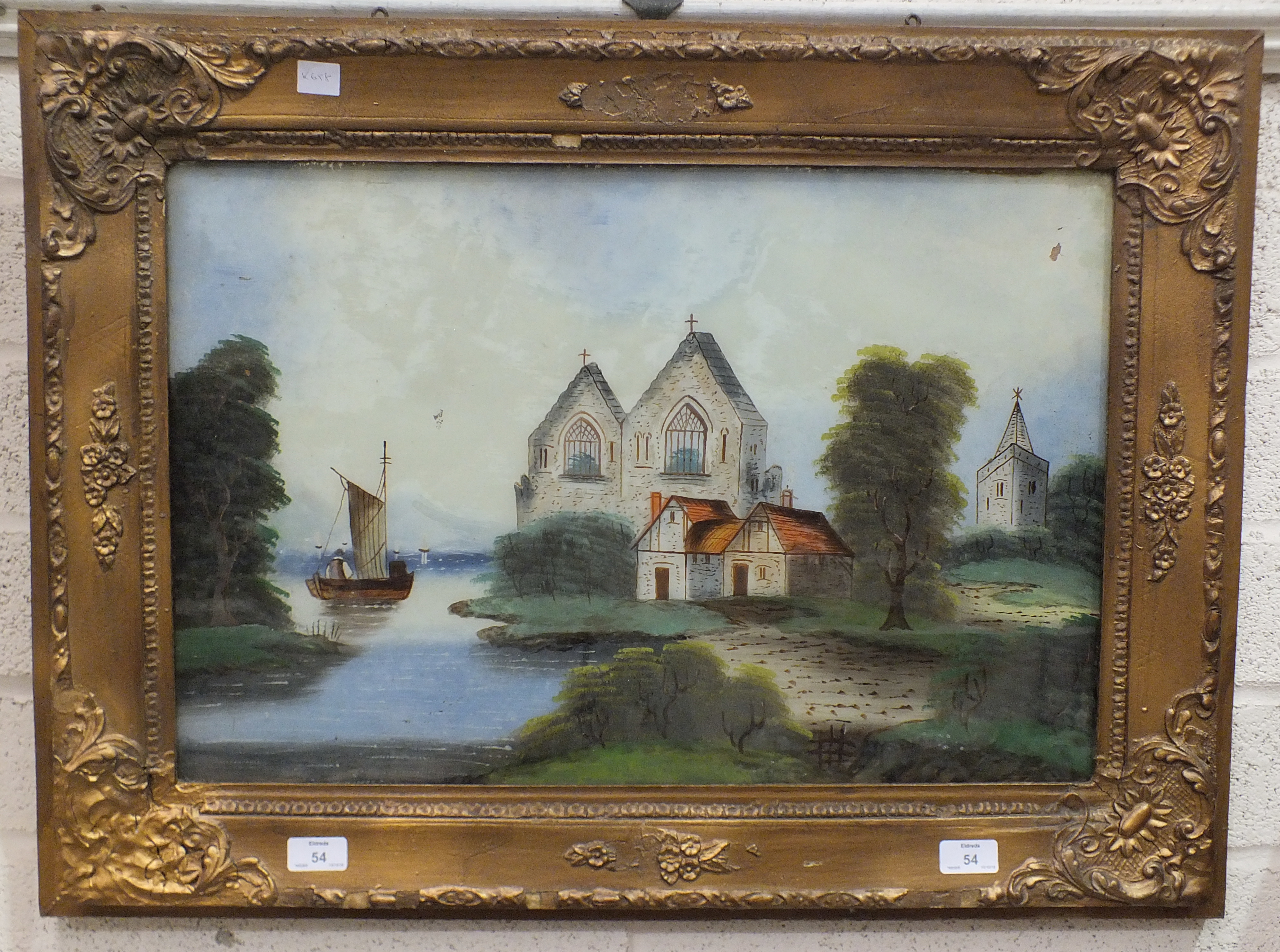 A painting on glass depicting a church and boats on a river, 40 x 60cm.