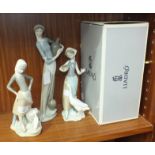 Three Lladro figurines, 'Girl with duck', no.1052, 13.5cm high, with box, 'Young woman holding a