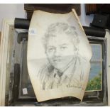 R O Lenkiewicz, 'A pencil sketch of a young man', signed, 42 x 30cm, (rolled, foxed, torn edges),
