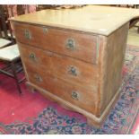 An Edwardian three-drawer oak chest with Art Nouveau brass handles, on bracket feet, 99cm wide.