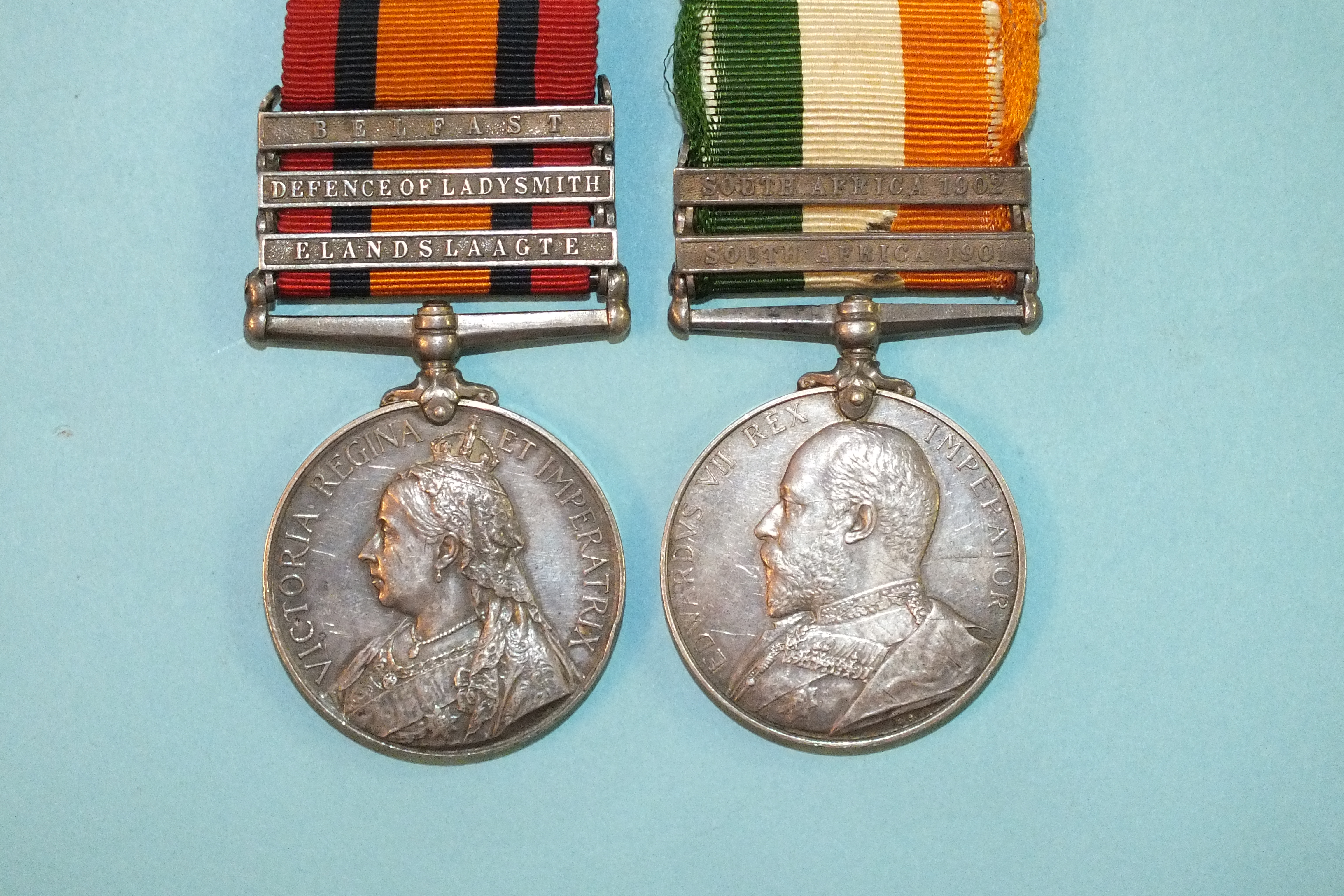 Boer War Campaign pair, Devon Regiment: Queens South Africa Medal with three clasps, Belfast, - Image 3 of 5