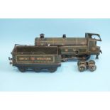 Hornby O Gauge, No.2 4-4-0 C/W Great Western locomotive with 6-wheel tender, with 'GW' on splashers,