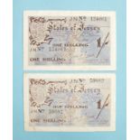 Two States of Jersey German Occupation 1/- bank notes, serial numbers: JN59882, JN124061, thick