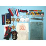 Five WWII medals, a Daily Sketch 'Medal of Honour', various ribbons, etc. and other items.