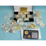 A collection of modern plated and other metal commemorative coinage, including John F Kennedy 50th