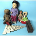 A Schuco c/w Scottie dog, a small teddy, a Chinese composition and stuffed doll, a set of bone and