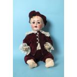 A J D Kestner bisque head baby doll with sleeping brown eyes and cropped blonde mohair wig, on