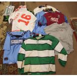 A collection of various sports shirts, including 1994-95 Plymouth Argyle 'Rotolok', 2x Aston