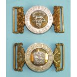 A Leicestershire Regiment brass and plated belt buckle and an Ordnance brass and plated buckle, (