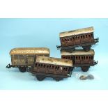 Bing O Gauge, three pre-war LMS coaches, 1st, 1st/3rd (2) and a pre-war Milk Traffic 7419 van, (2