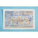 A States of Jersey German Occupation 2/- bank note, serial number JN122712, thick chain watermark,