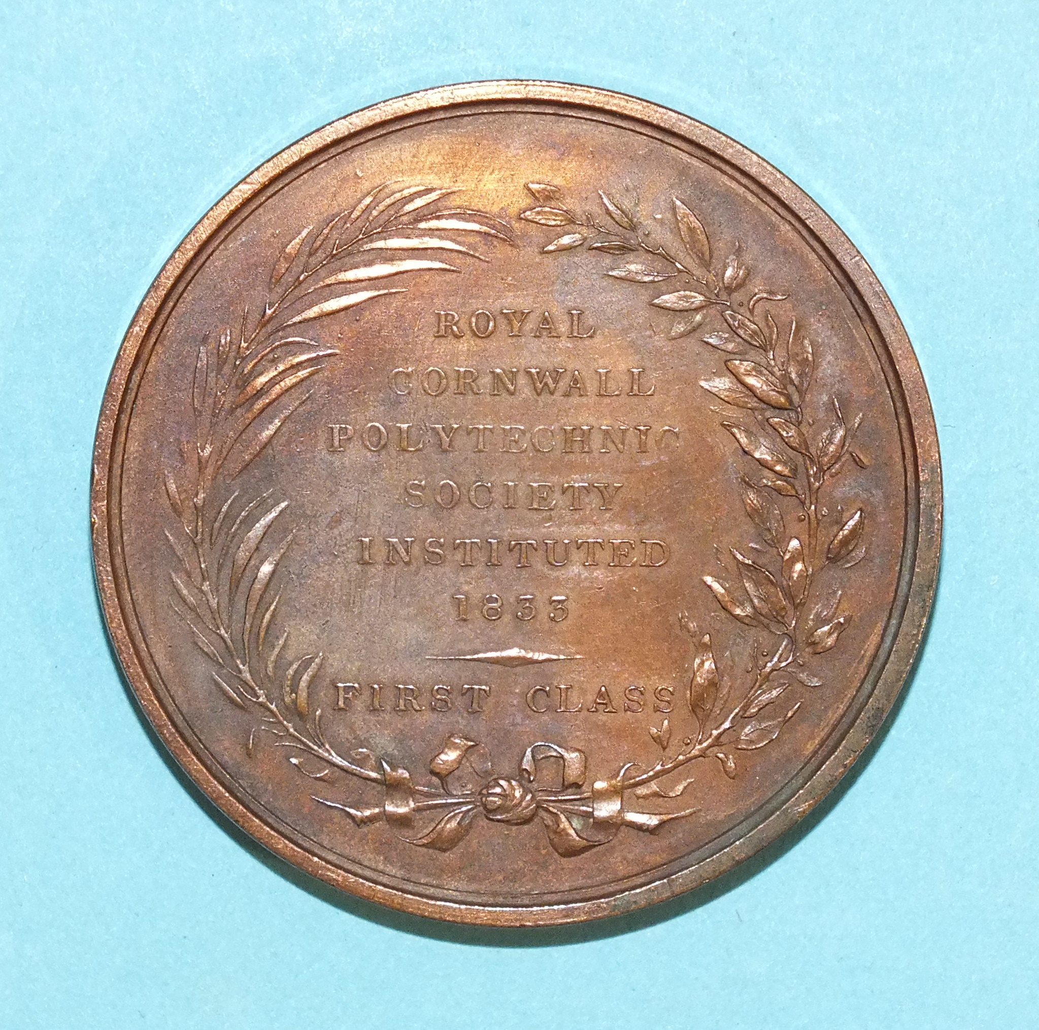 A British Academic Medal, Bronze 4.5cm wide, Royal Cornwall Polytechnic Society First Class James - Image 2 of 2