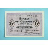 A States of Guernsey German Occupation 6d bank note dated 1st January 1943, serial number A/L0614.