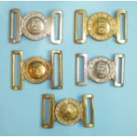 Two plated British Army 'Dieu et Mon Droit' general service belt buckles, a similar brass buckle,