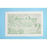 A States of Jersey German Occupation 10/- bank note, JN, no serial number, uncirculated, thick chain