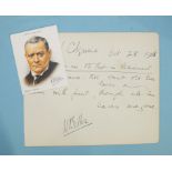 A collection of autographs, including Hilaire Belloc (with poem), George Arliss, Hugh Walpole,