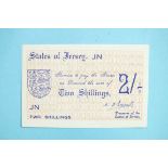 A States of Jersey German Occupation 2/- bank note, JN, no serial number, reverse 2/- in blue on